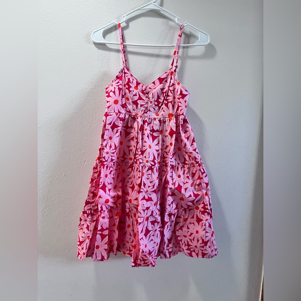 Red dress with pink flowers.